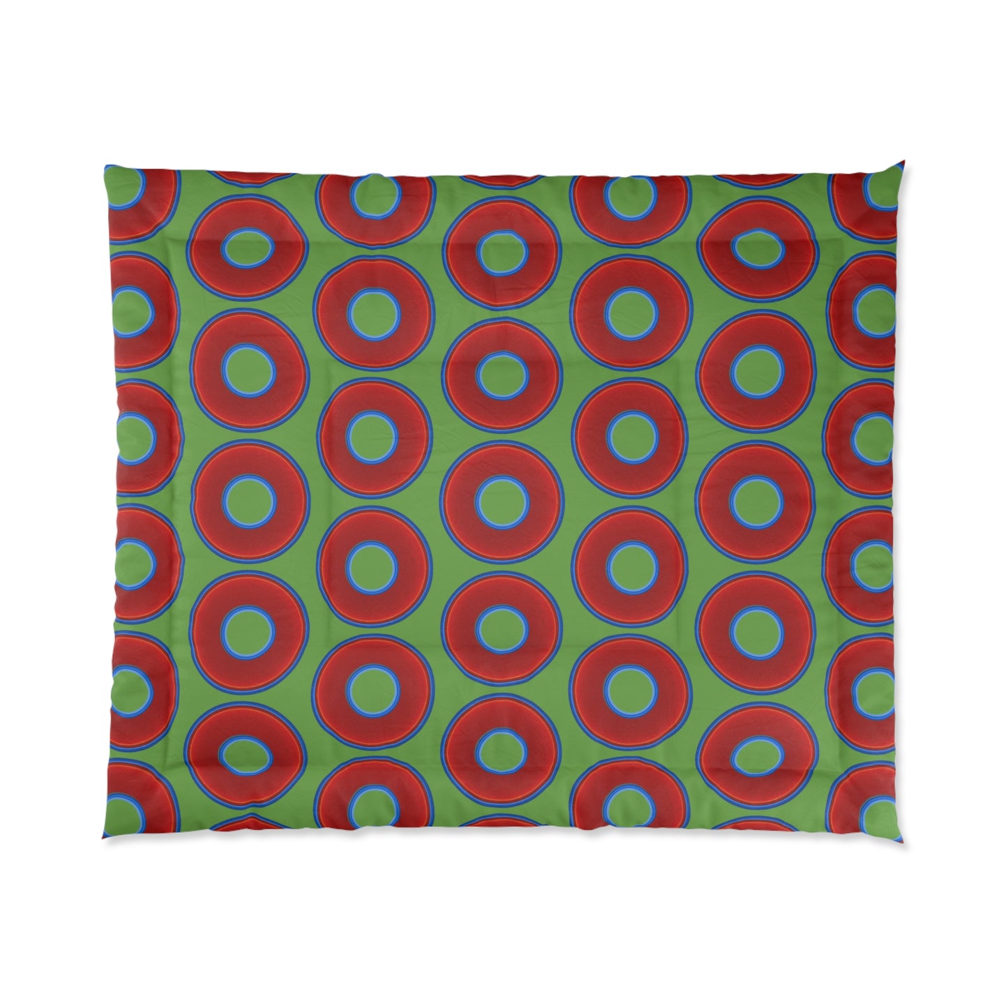 The Very Lumpy Comforter - vivid red donuts w/light green background