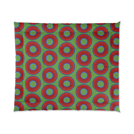 The Very Lumpy Comforter - vivid red donuts w/light green background