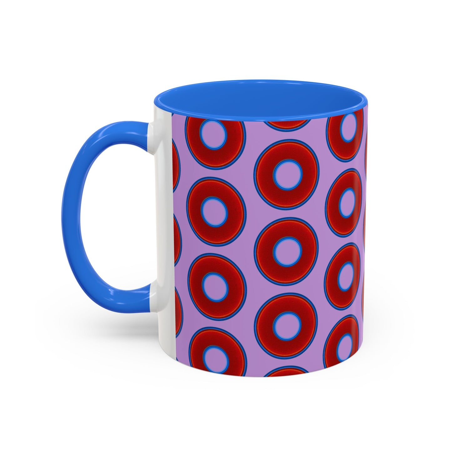 Lump's Grumpy Coffee Mug - vivid red donuts w/wisteria purple background