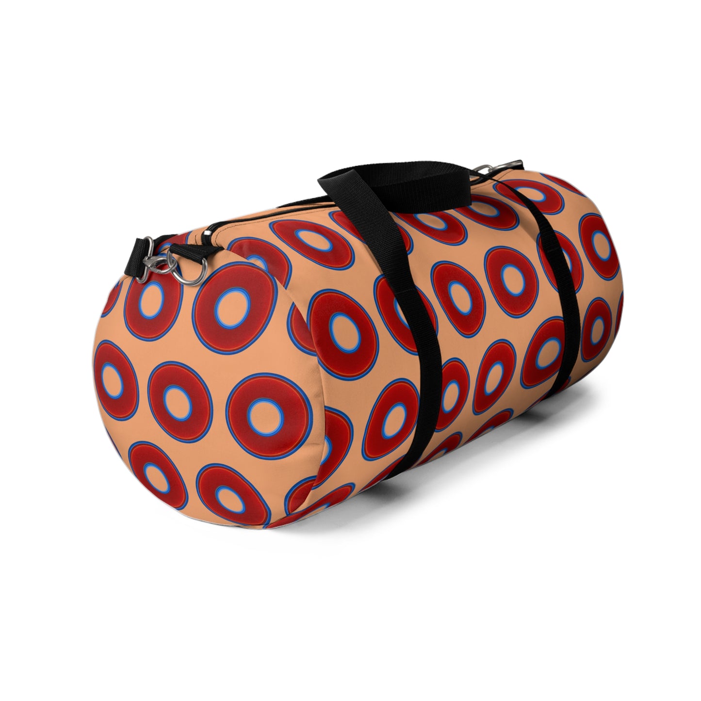 Lumpy Duffel - vivid red donuts w/peach background