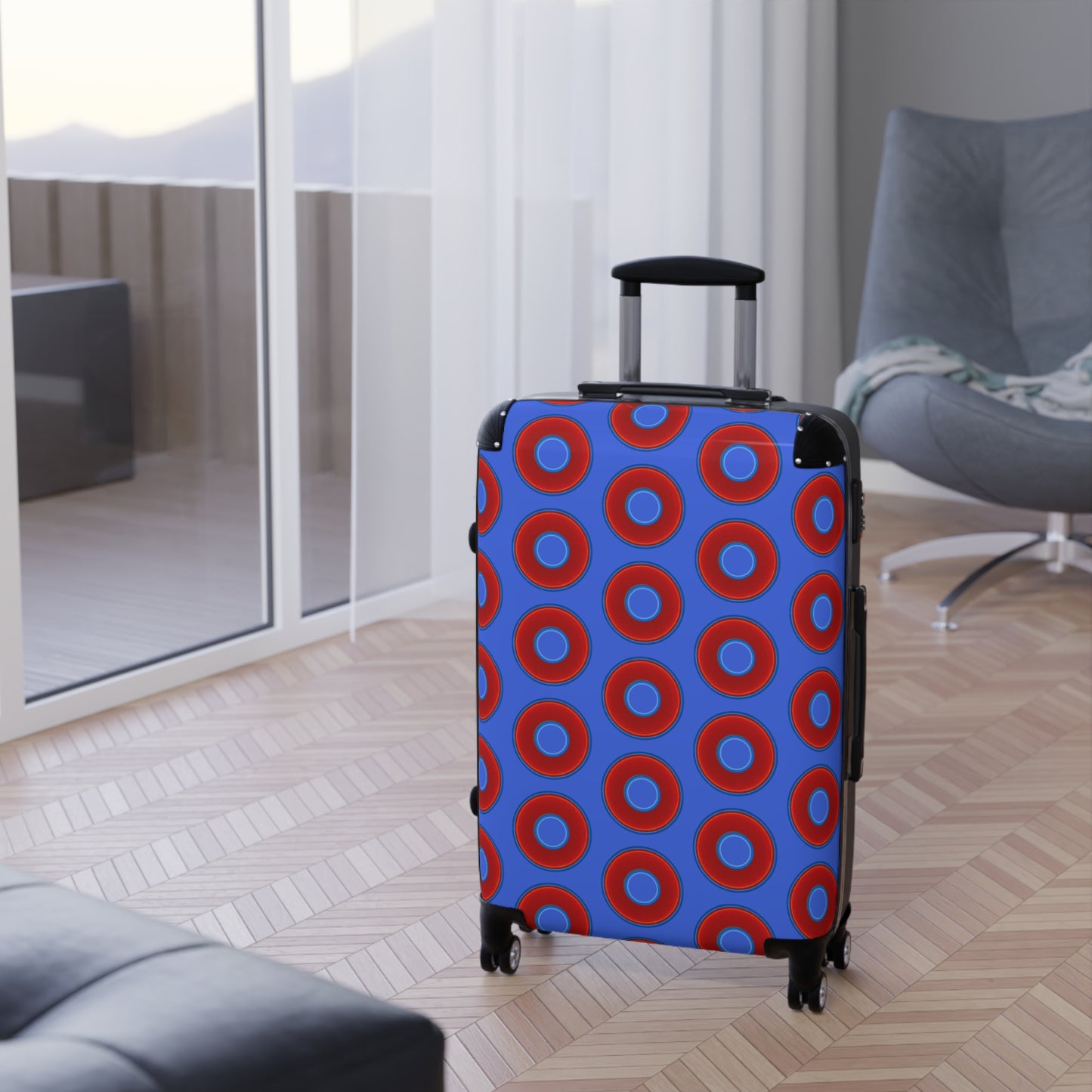 The Very Lumpy Donut Suitcase series - your choice of S, M or L - vivid red donut print w/royal blue background