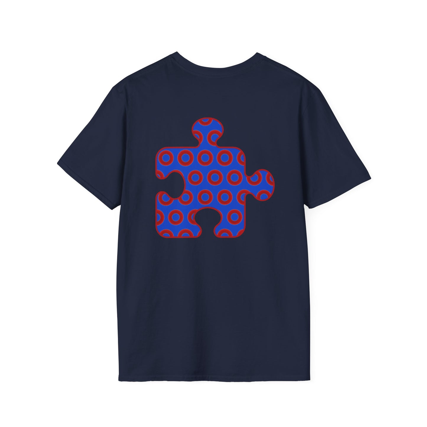 Classic Donut Tee - Unisex Soft-Style - "Trey's Completed Donut Pattern" - vivid red/blue puzzle pattern - variant 2