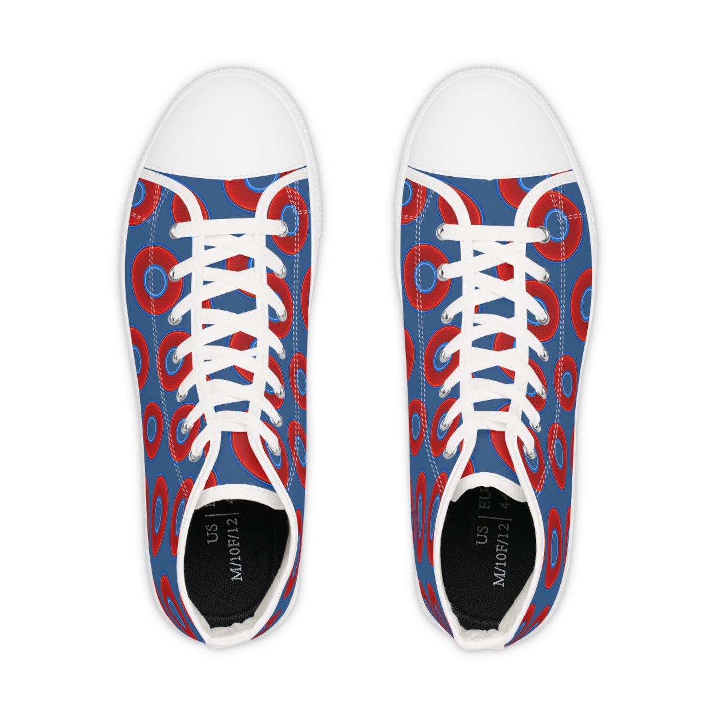 Men's High Top Chucks - large vivid red donut print w/light navy blue background