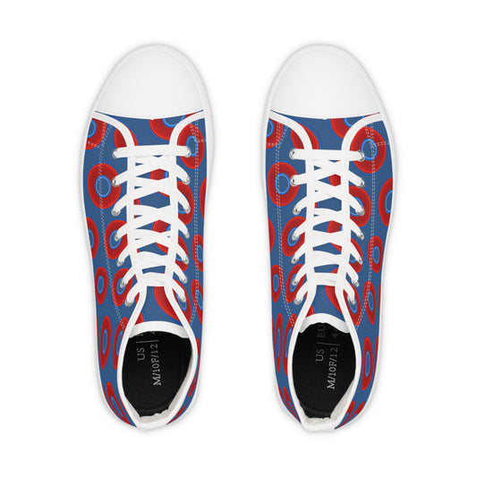 Men's High Top Chucks - large vivid red donut print w/light navy blue background