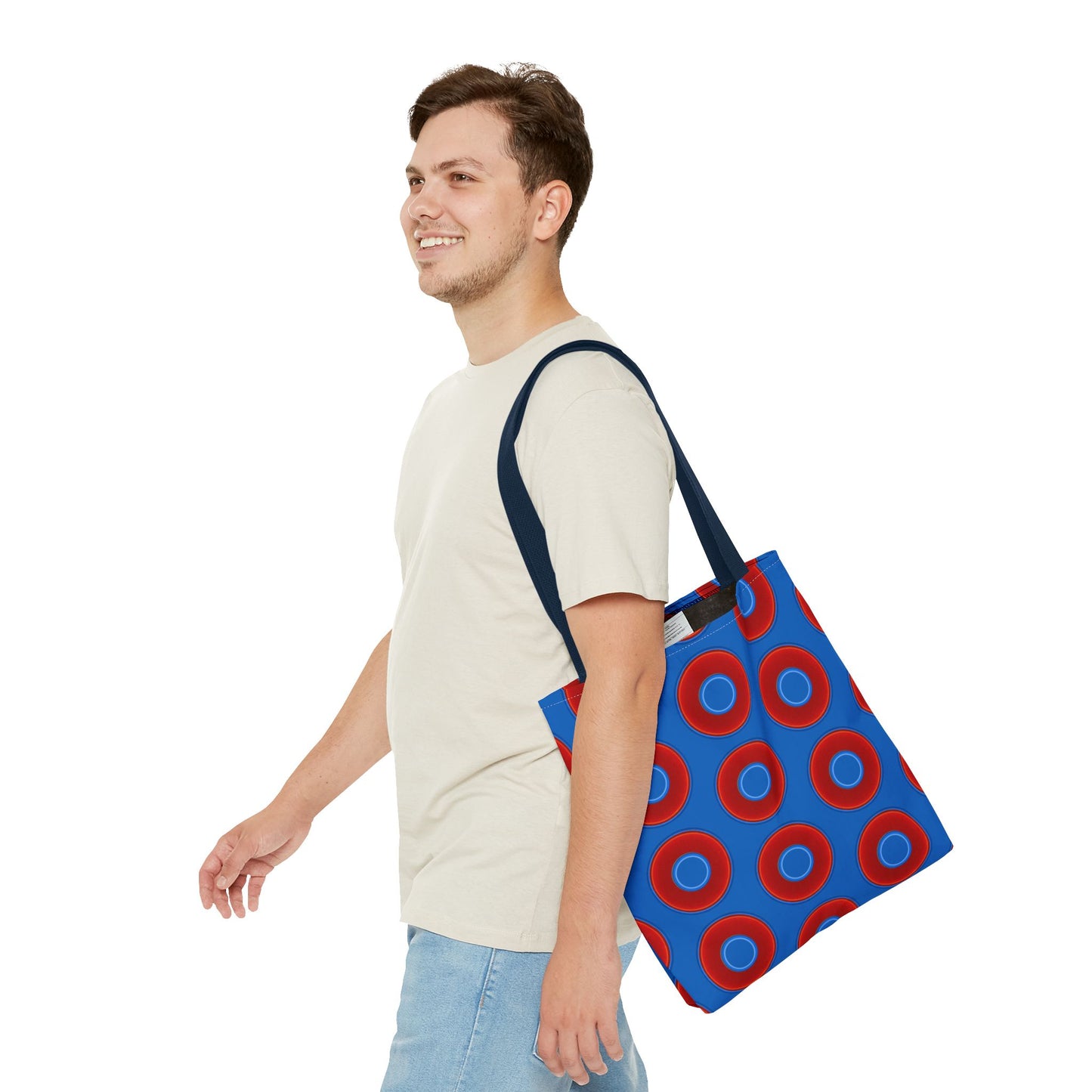Lumpy Beach/Tote Bag - red vivid donuts w/dark royal blue background
