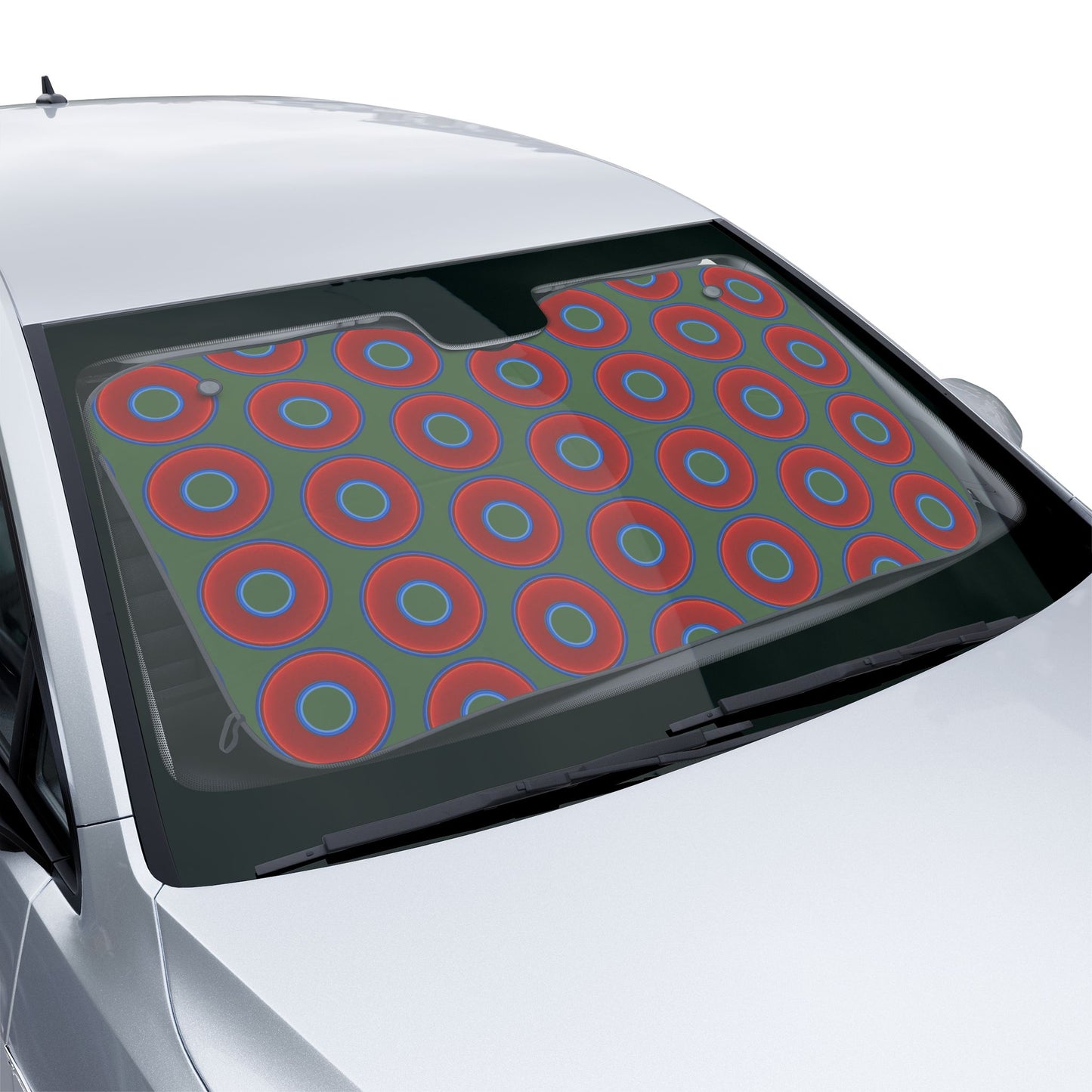 Automotive Donut Sun Shade - red vivid donuts w/dark green background