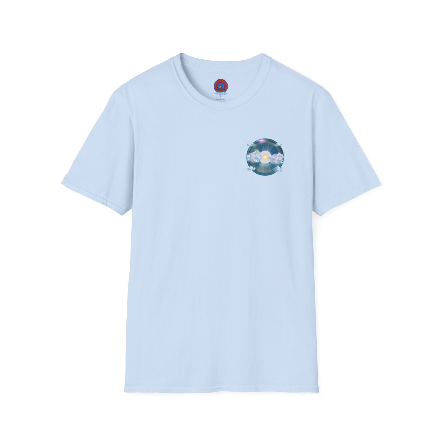 Classic Donut Tee - Unisex Soft-Style - "The Divided Donut" - variant 2 - blue donut  w/hole & sun [*50% to The Divided Sky Foundation]