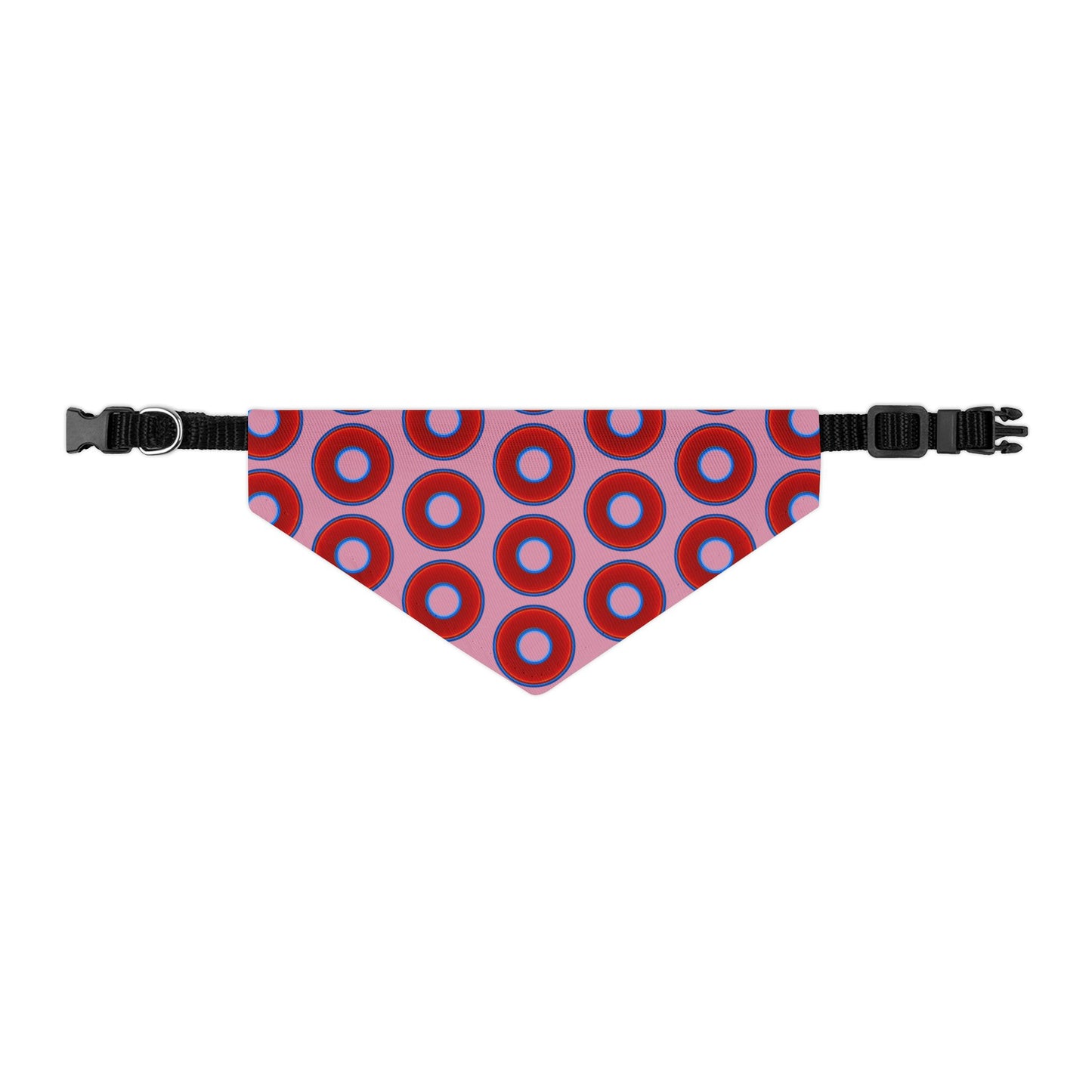 Jim's Lumpy Bandana Pet Collar - vivid red donuts w/pale magenta background