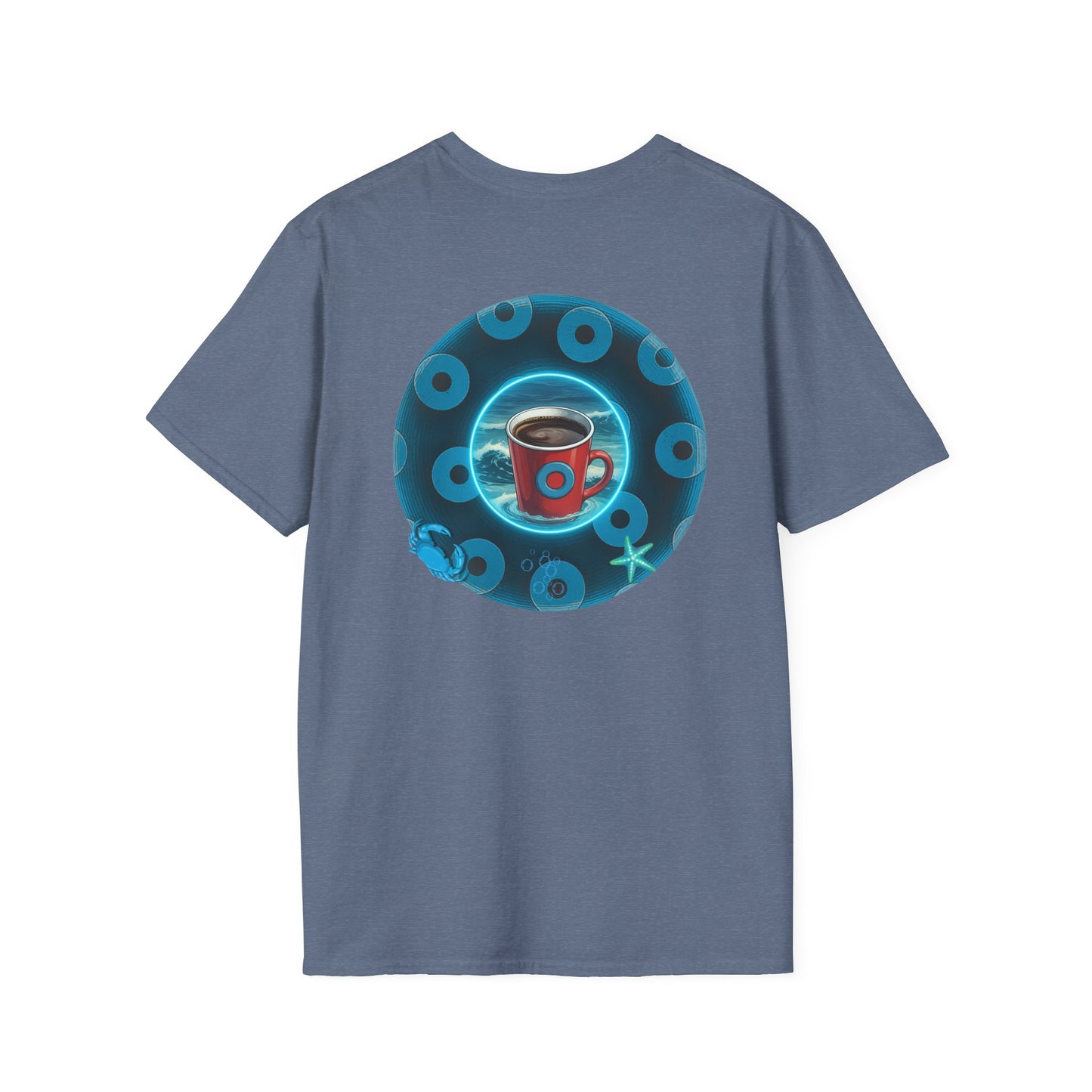 Lumpy Coffee Traders Tee - Unisex Soft-Style - "Good to Last Leaky Drop" - paradoxical ocean donut - variant 1 - logo front/coffee back