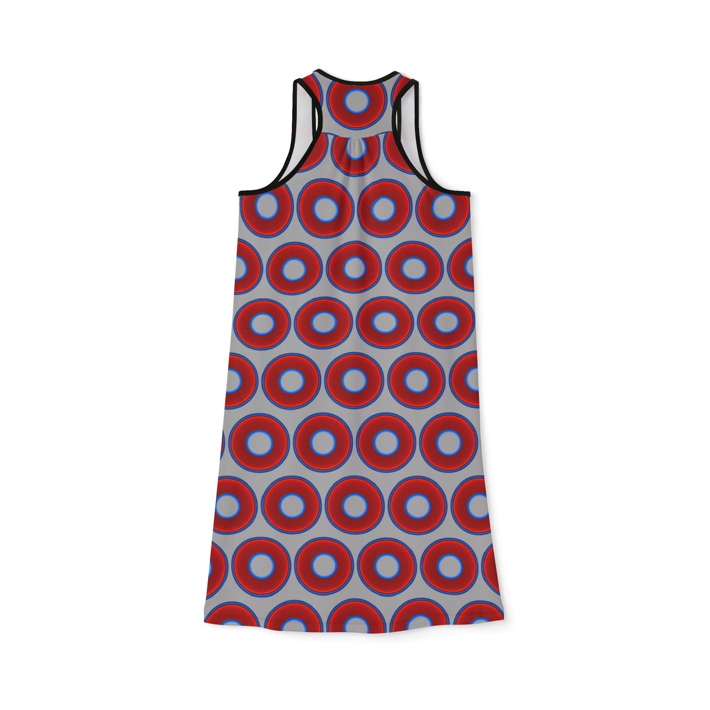 Tela's Lumpy Racerback Donut Dress - red vivid donut print w/light gray background