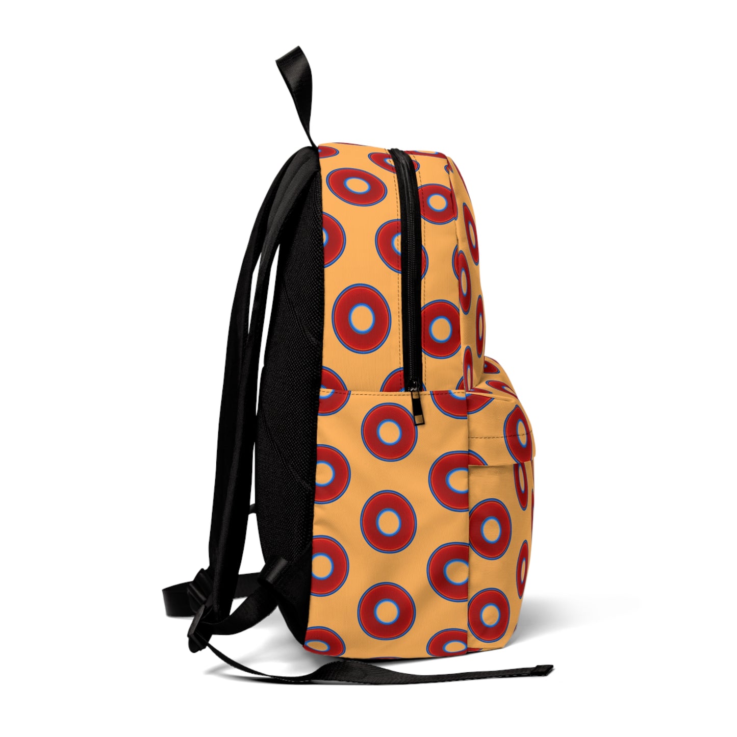 Donut Backpack - red vivid donuts w/creamsicle orange background