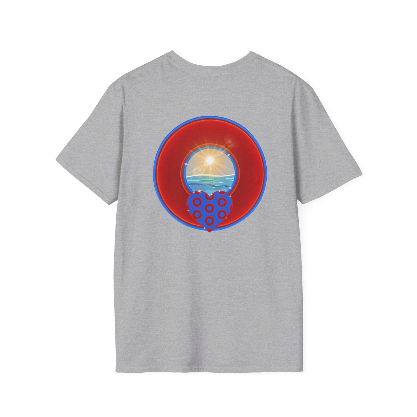 Classic Donut Tee - Unisex Soft-Style - "Ocean Donuts of Love" - vivid red donut - w/sun - variant 2