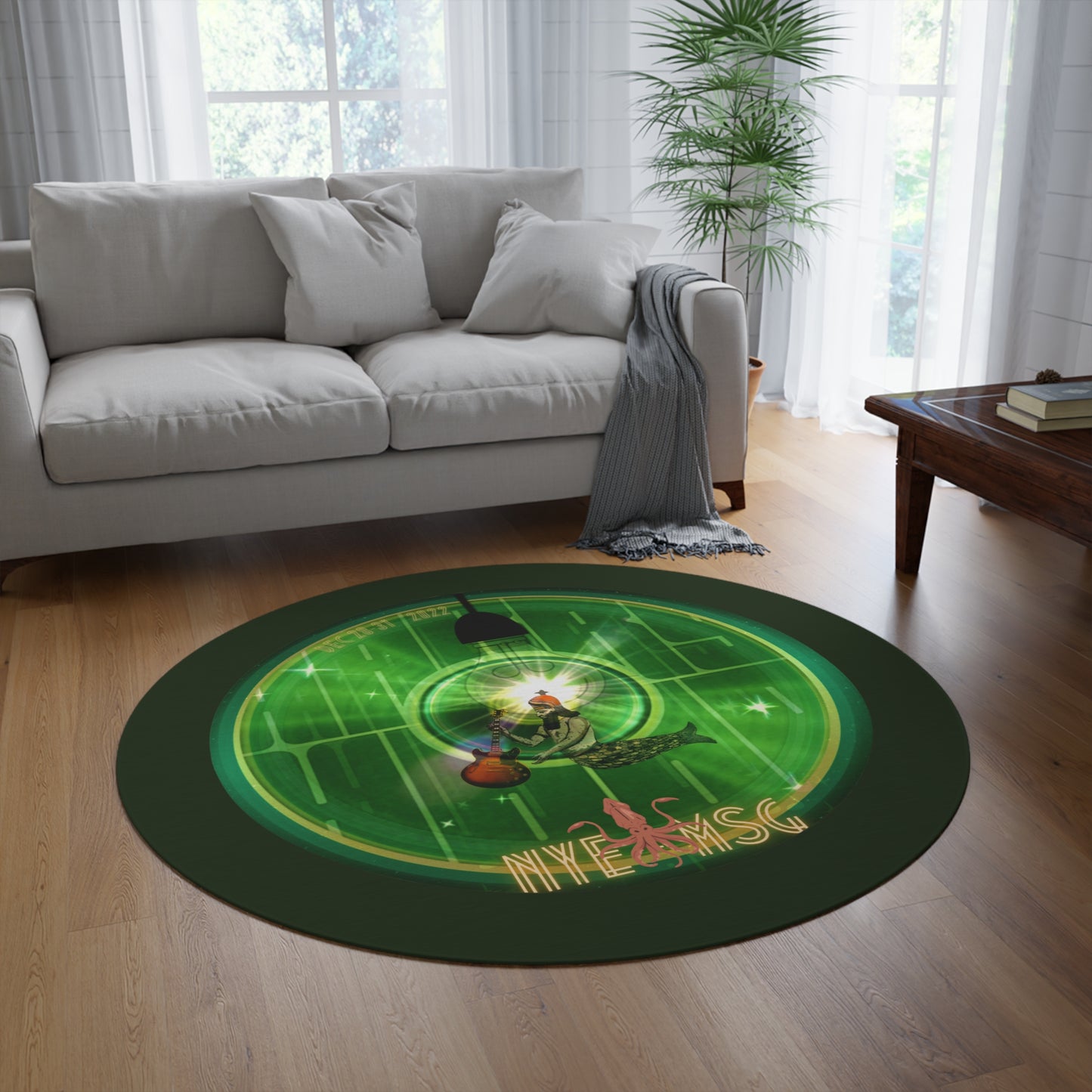 Round Room - 5 ft x 5 ft Lumpy Donut Rug - "MSG NYE Dec 28-31 2022 Hood Donut" - mirrored vivid green word donut w/deep forest green background
