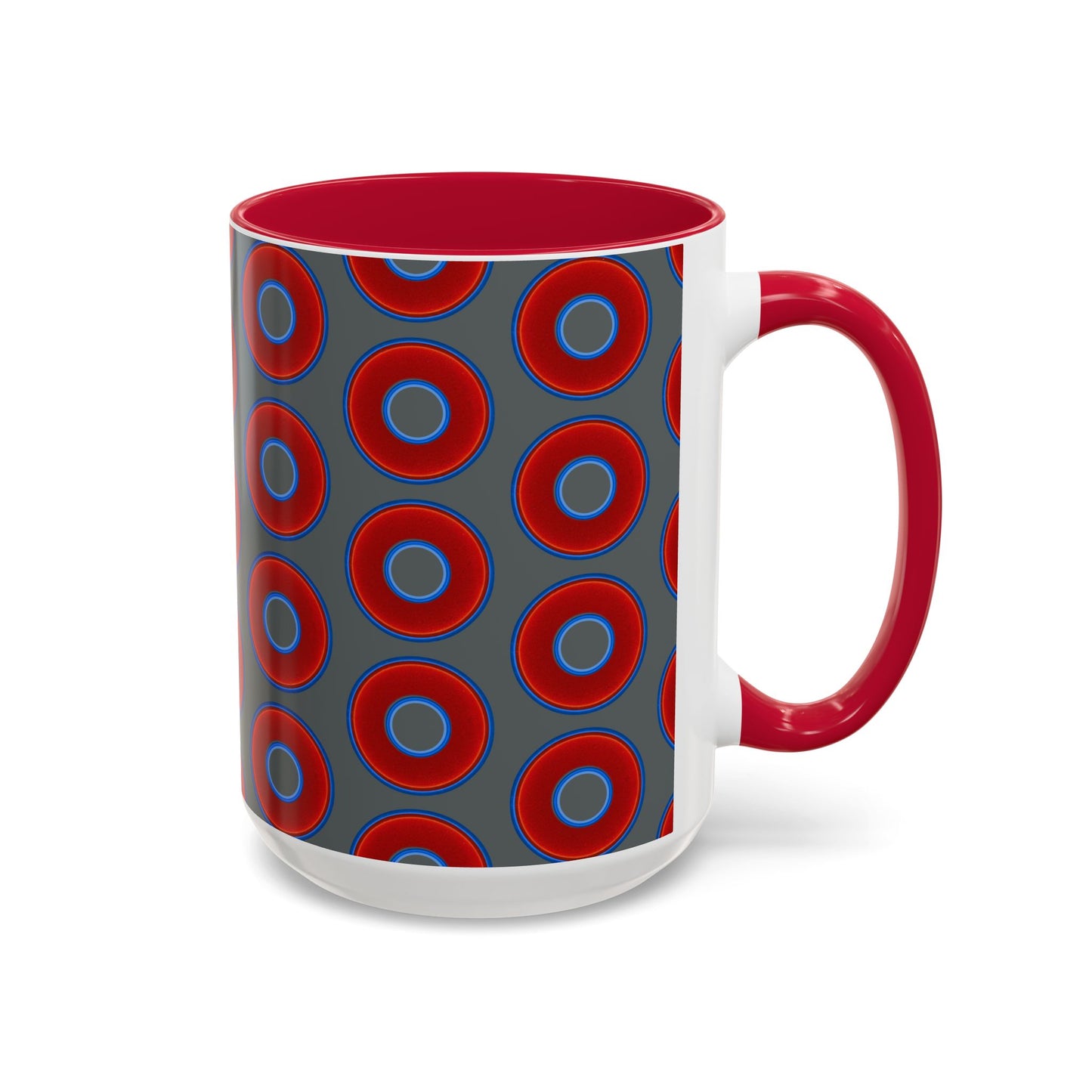Lump's Grumpy Coffee Mug - vivid red donuts w/dark gray background