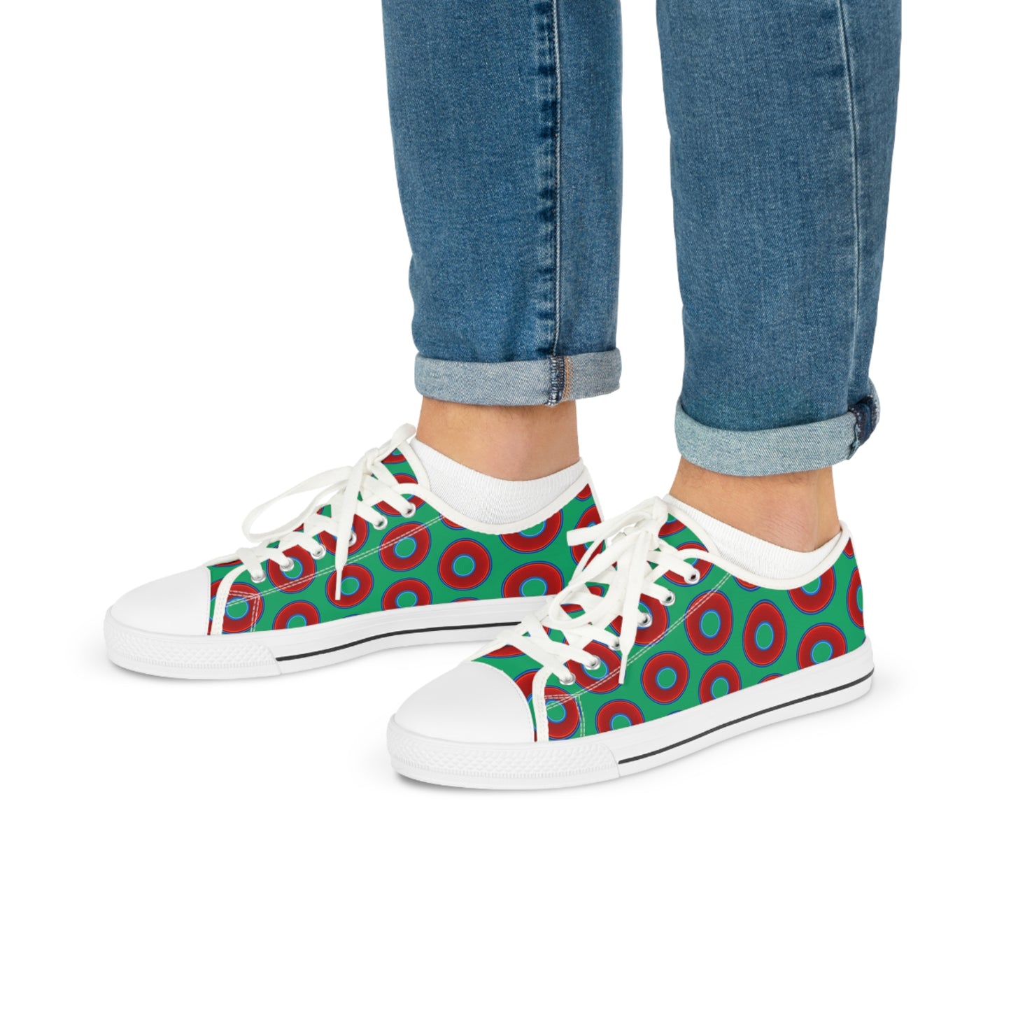 Men's - Chuck Taylors - large vivid red donut print w/jade green background