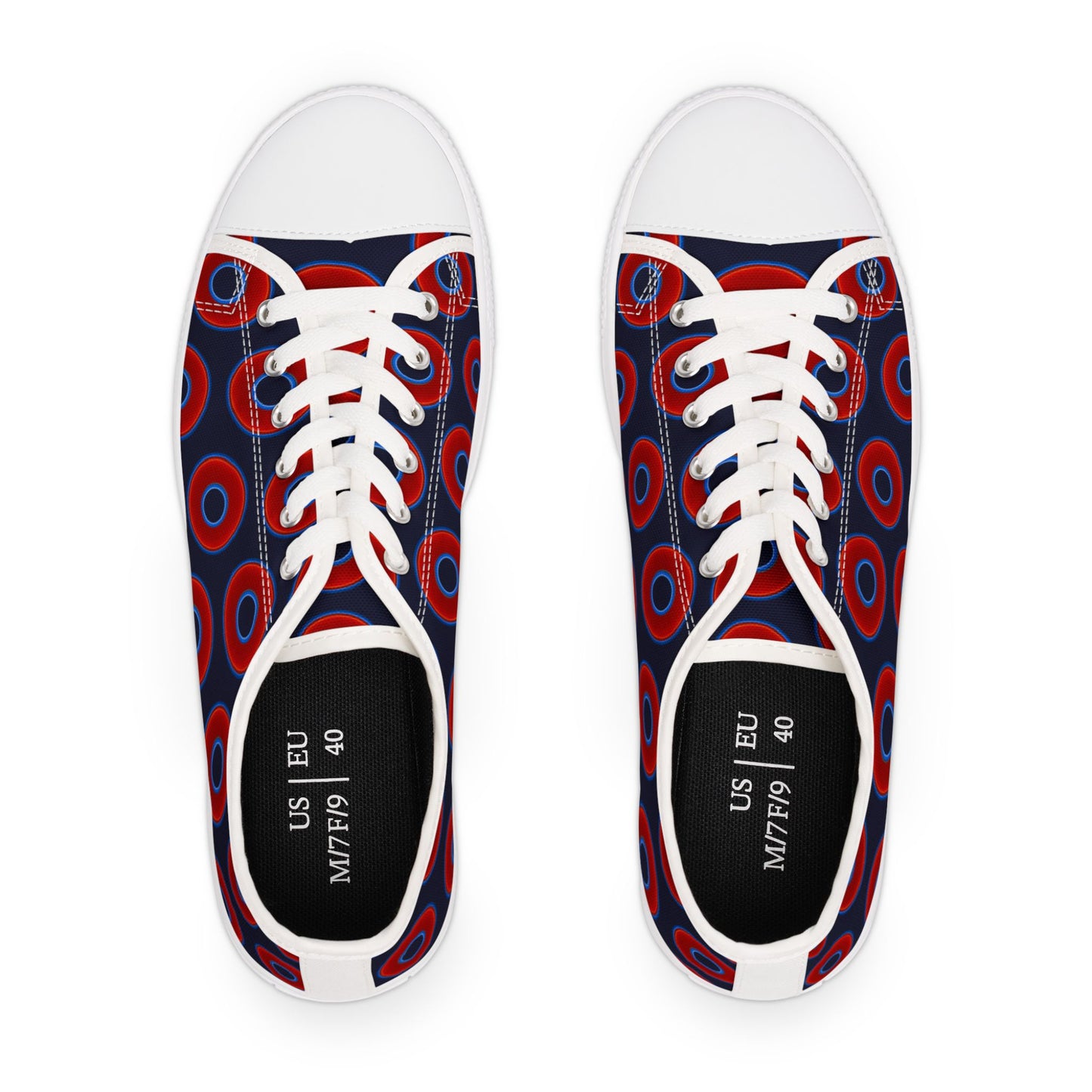 Women's - Low Top Chuck Taylors - large vivid red donut print w/Dark Navy Blue background