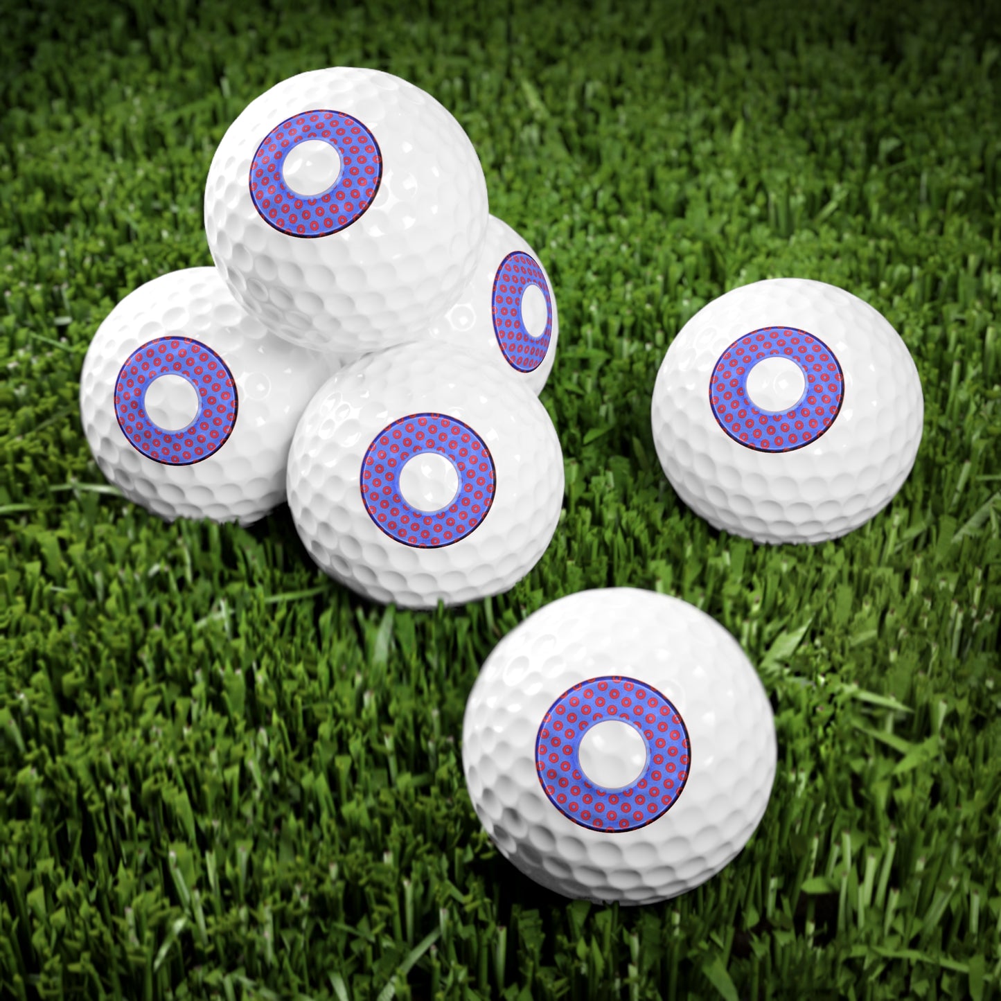 Lumpy Donut Golf Balls - 6-pack - "Electric Paradox Donuts" - light royal blue/red donuts