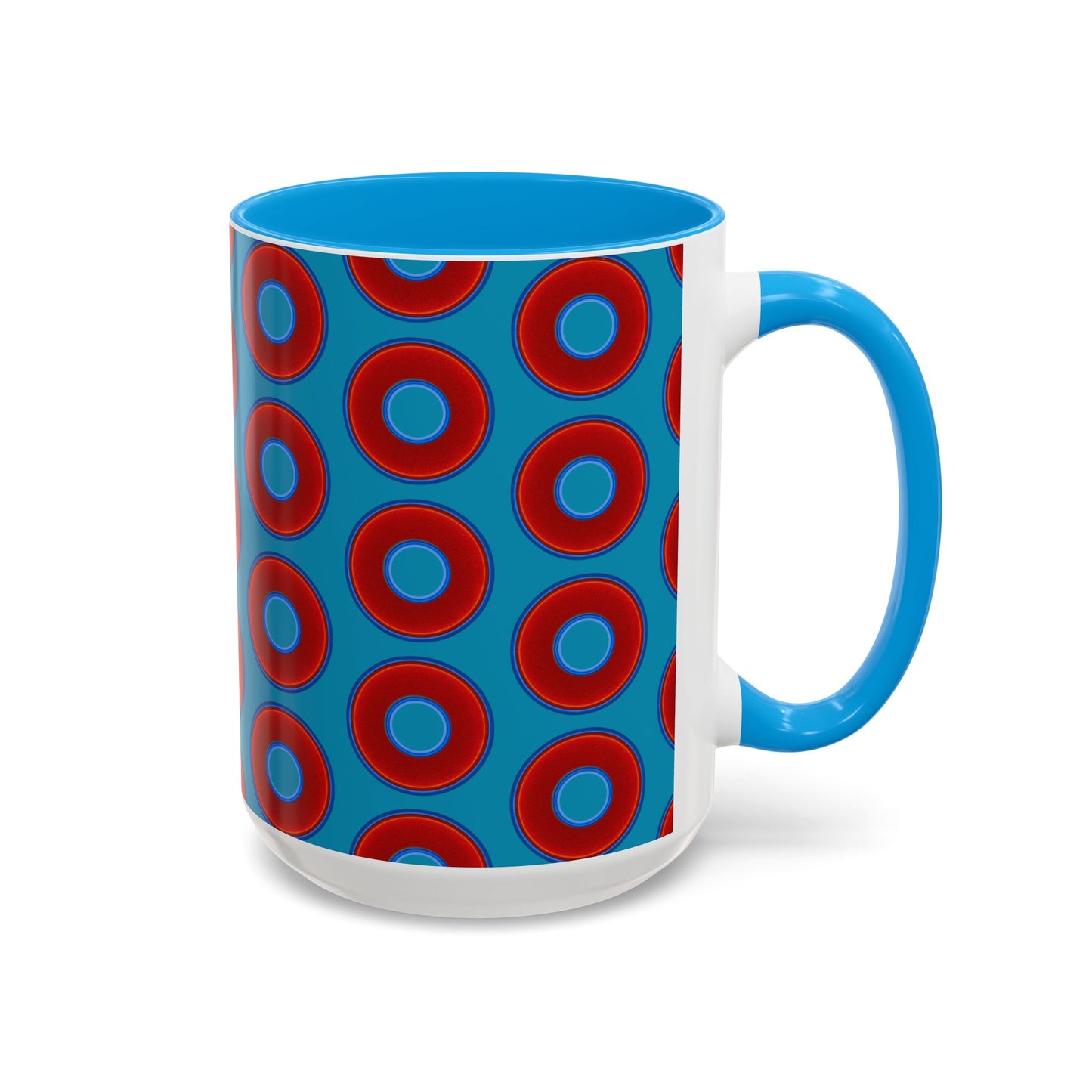 Lump's Grumpy Coffee Mug - vivid red donuts w/aquamarine blue background