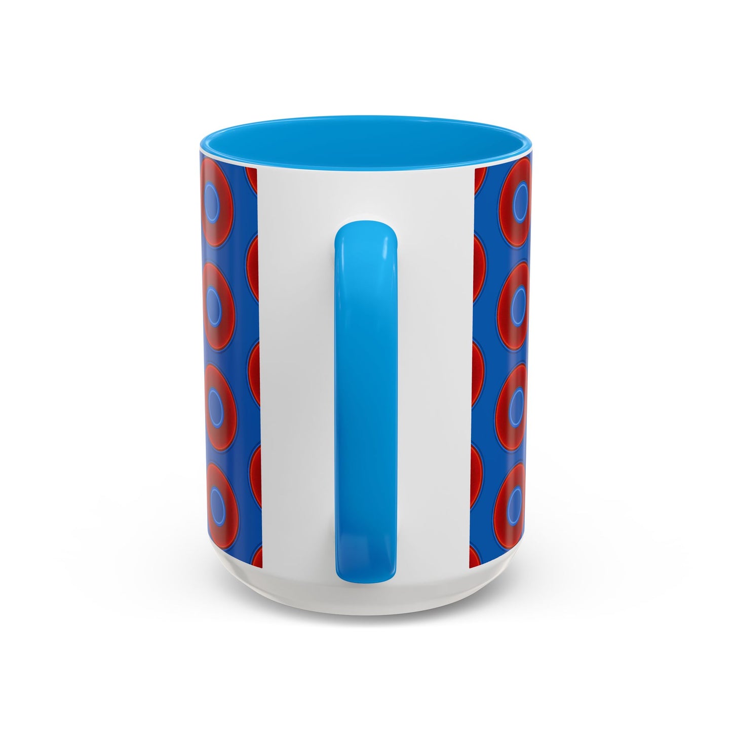 Lump's Grumpy Coffee Mug - vivid red donuts w/dark royal blue background