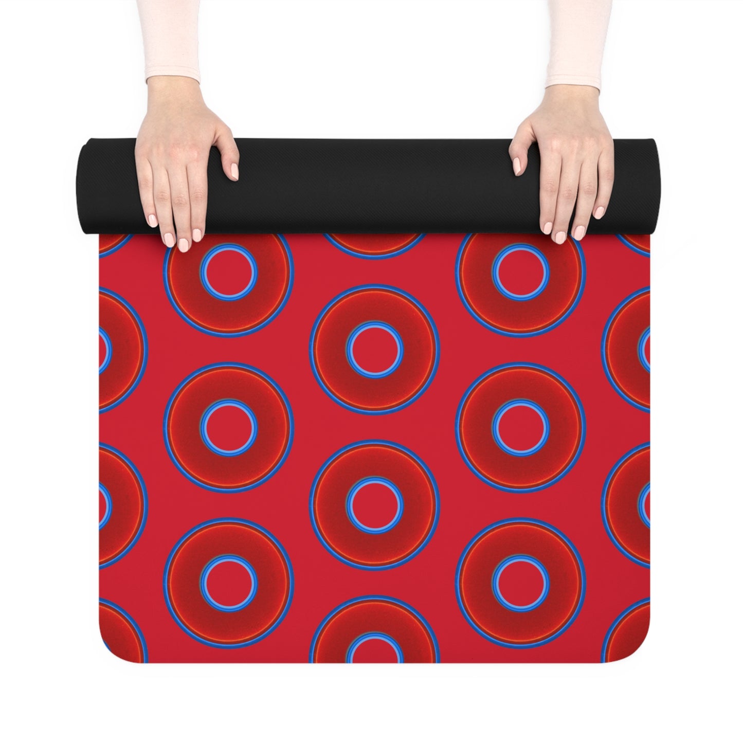 Lumpy Donut Yoga Mat :) - 24″ x 70" - vivid red donut print w/red background
