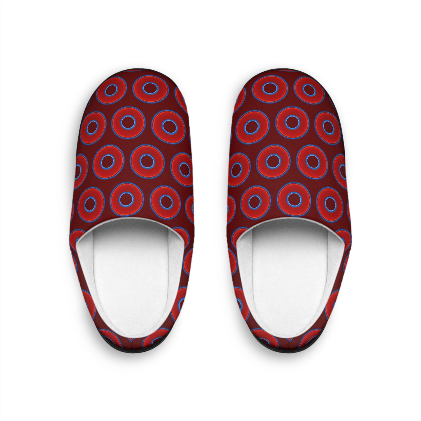 Women's Lumpy Slippers - red vivid donut print w/dark red background