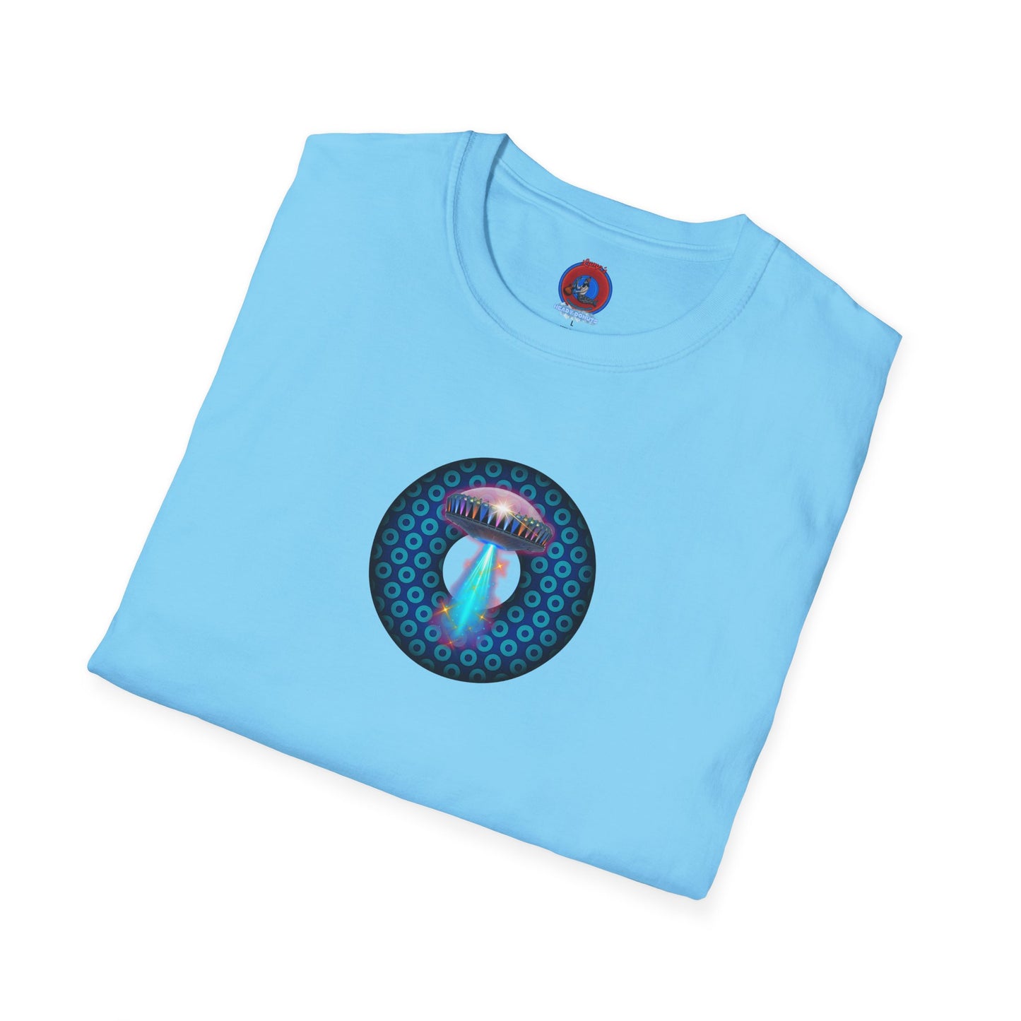 Classic Donut Tee - Unisex Soft-Style - "Donuts now Served on the Mothership" - series 1.0  - variant 3  - blue/light blue donut