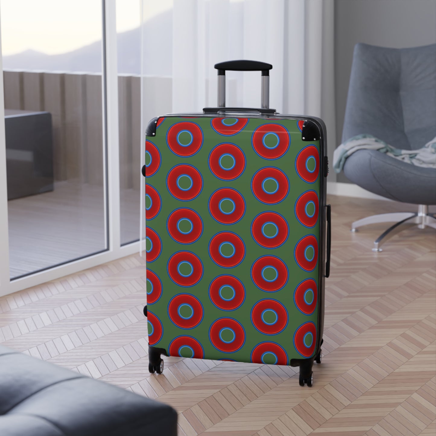 The Very Lumpy Donut Suitcase series - your choice of S, M or L - vivid red donut print w/dark Fenway green background