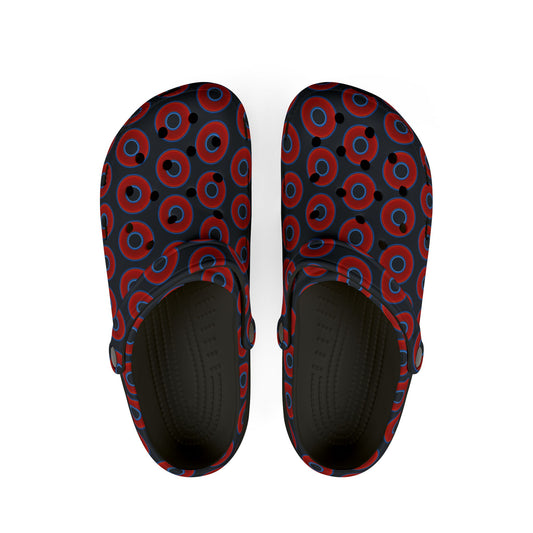 Spatchcocks - donut slip-on shoes - vivid red donuts w/blue charcoal background [unisex]