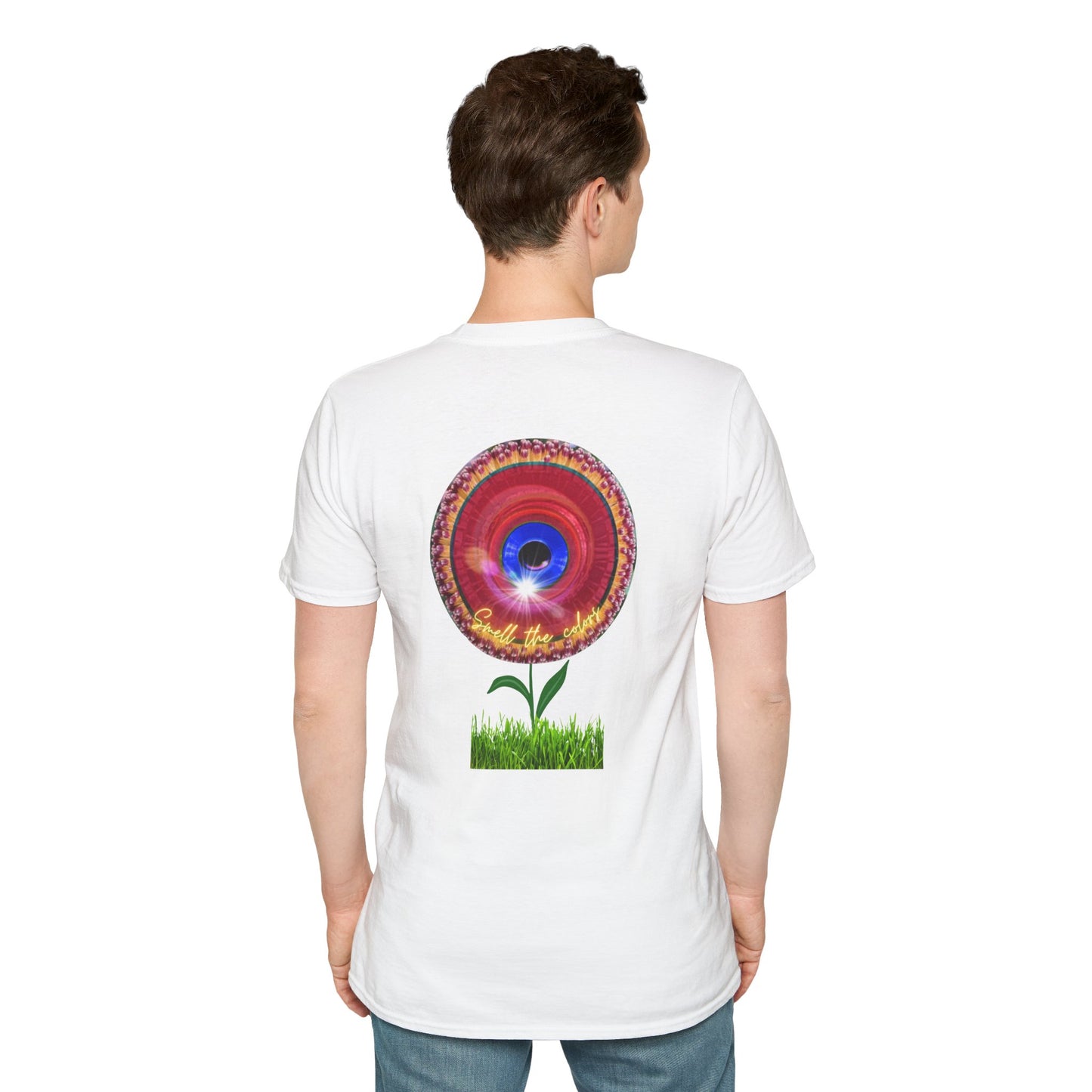 Classic Donut Tee - Unisex Soft-Style - "Smell the Donuts Outside on my Lawn"  " variant 2 - blue donut on red donut/flower