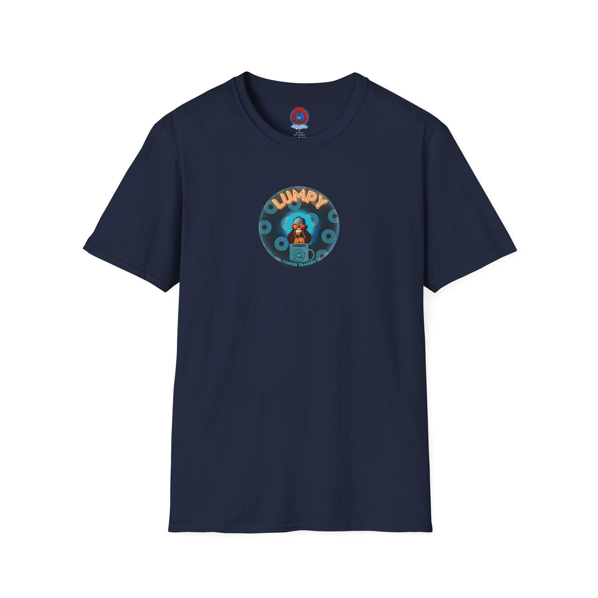 Coffee Traders Tee - Unisex Soft-Style - "Tasty Coffee" - paradoxical donut/cubed blue donut - variant 2 - logo front/It's Ice Cube's back