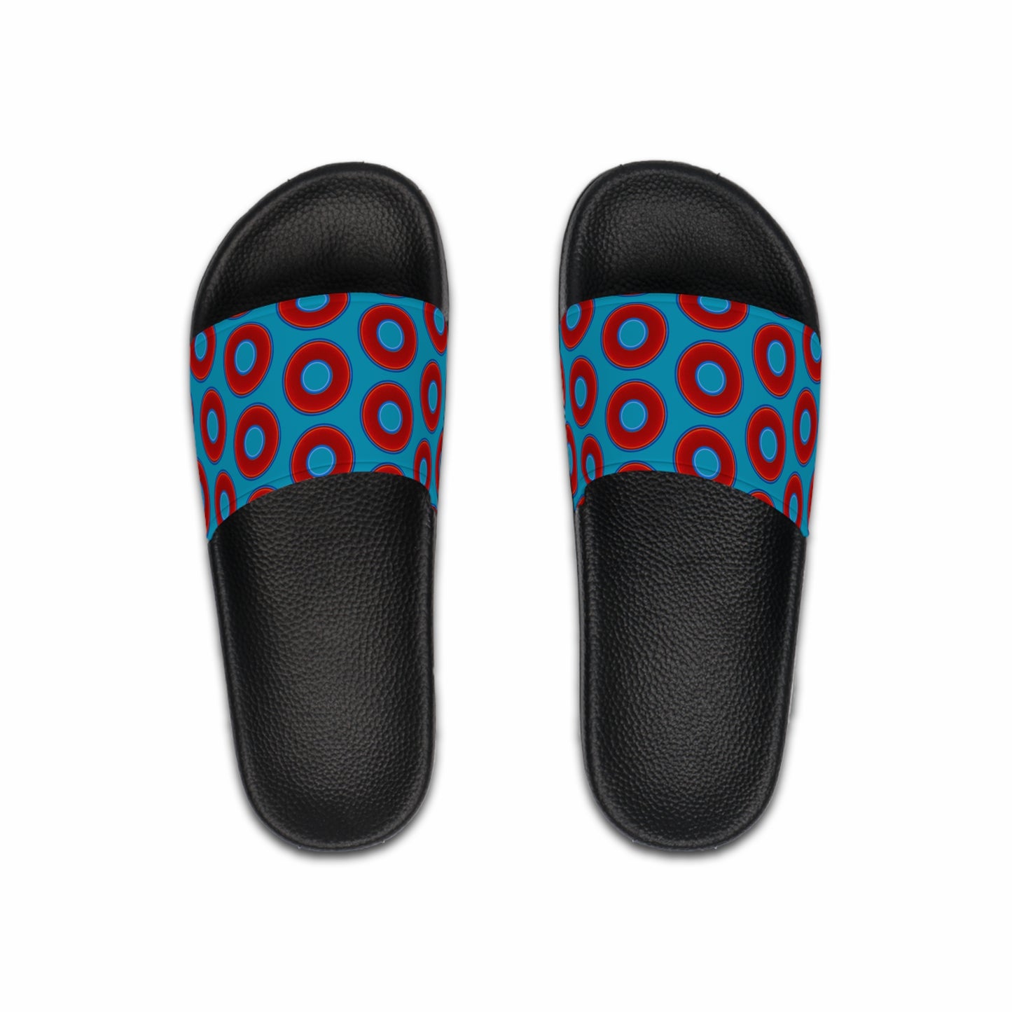Men's Lumpy Sandals - slip-ons - red vivid donuts w/aquamarine blue background