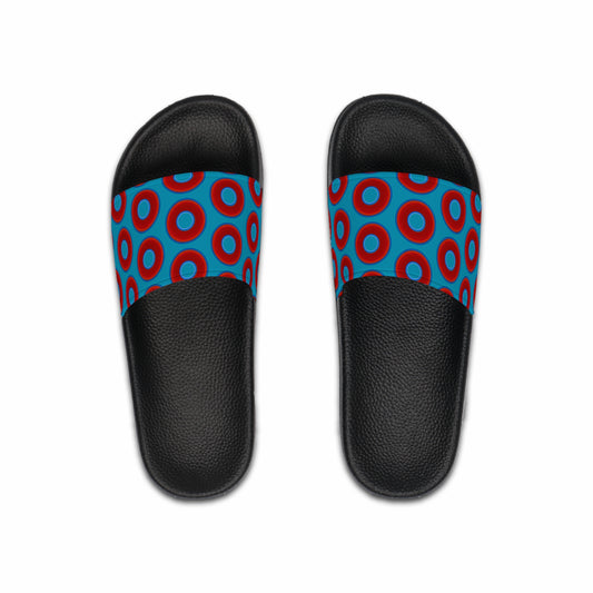 Men's Lumpy Sandals - slip-ons - red vivid donuts w/aquamarine blue background
