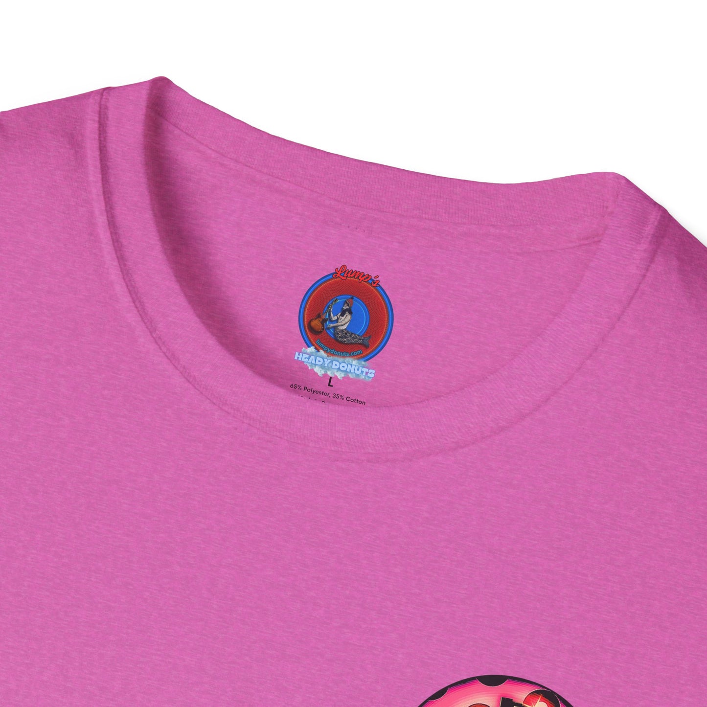 Classic Donut Tee - Unisex Soft-Style - "Would You Be My Donut?" - paradoxical faded magenta/red donut - variant 1