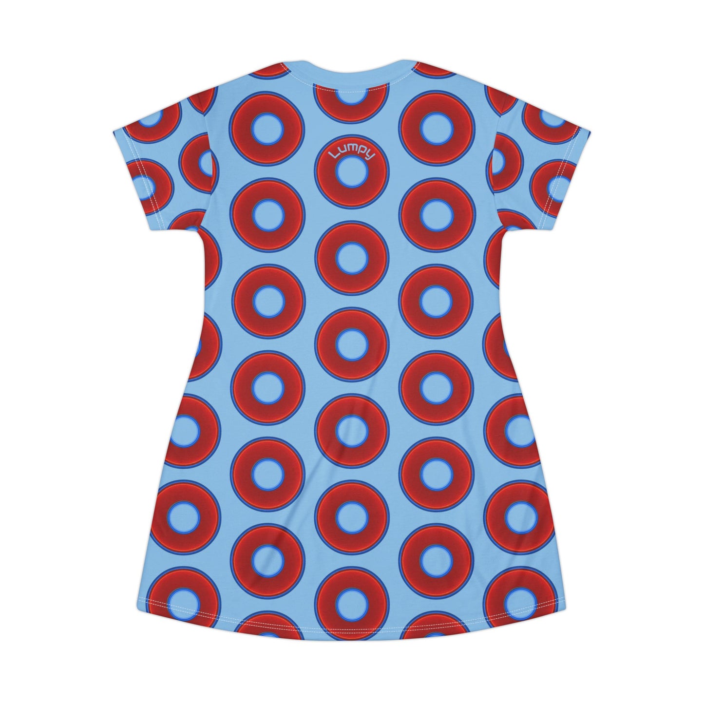Not a Muumuu AOP Tee Shirt Dress - red vivid donuts w/sky blue background