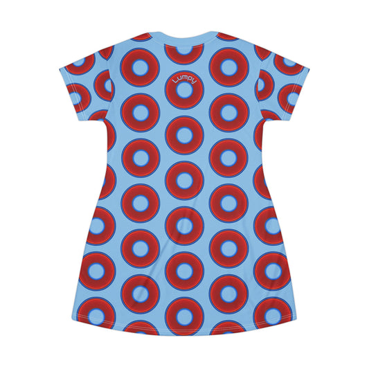 Not a Muumuu AOP Tee Shirt Dress - red vivid donuts w/sky blue background