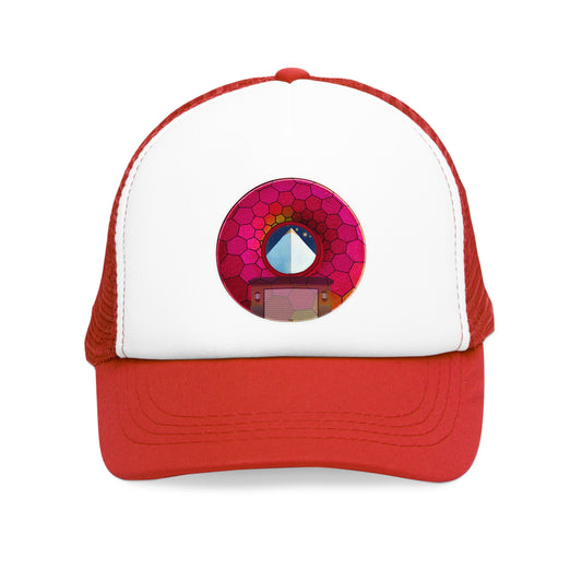 Lumpy Trucker Hat - "Limestone Blocks so Large" - variant 6 - magenta hexadonut w/2 car garage
