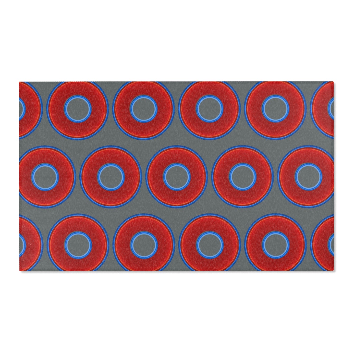 Lumpy Donut Print Rug - choice of 3 sizes - vivid red donut print w/dark gray background