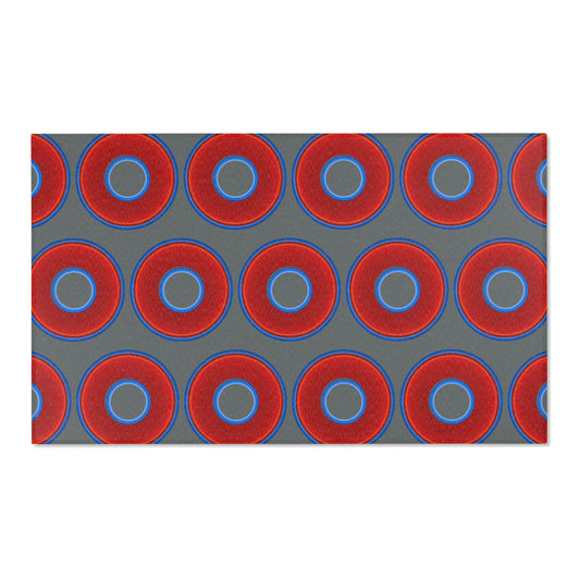 Lumpy Donut Print Rug - choice of 3 sizes - vivid red donut print w/dark gray background