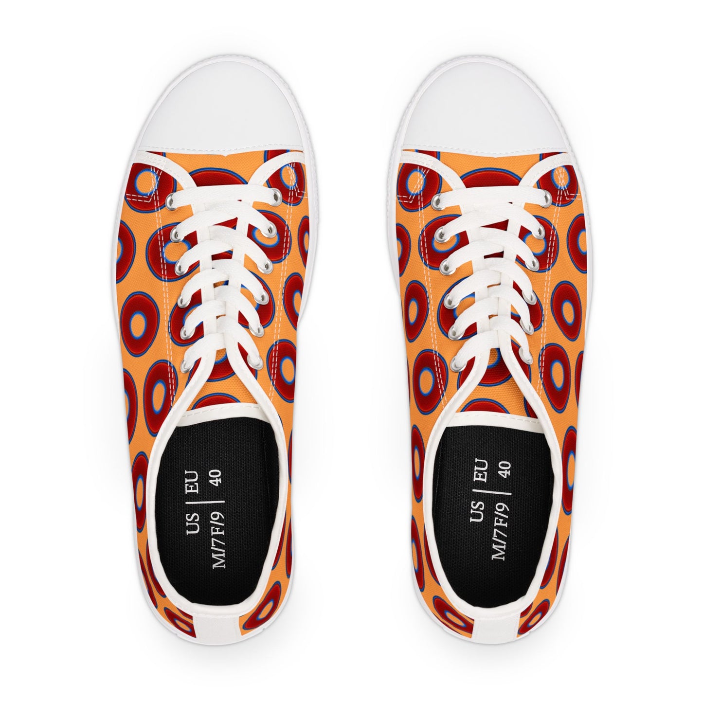 Women's - Low Top Chuck Taylors - large vivid red donut print w/creamsicle orange background