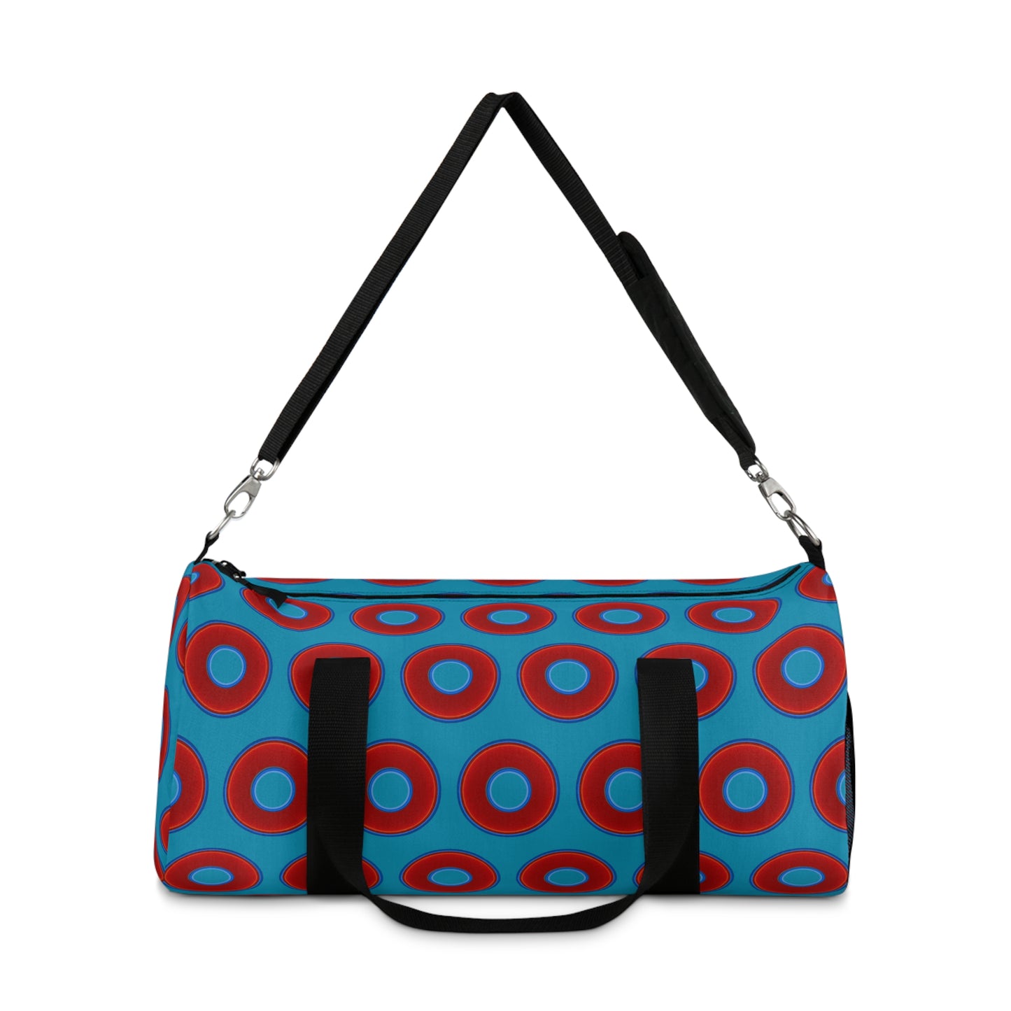 Lumpy Duffel - vivid red donuts w/aquamarine blue background