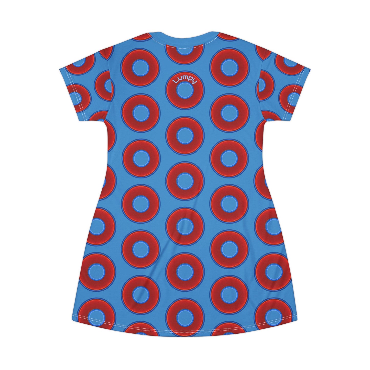 Not a Muumuu AOP Tee Shirt Dress - red vivid donuts w/light steel blue background