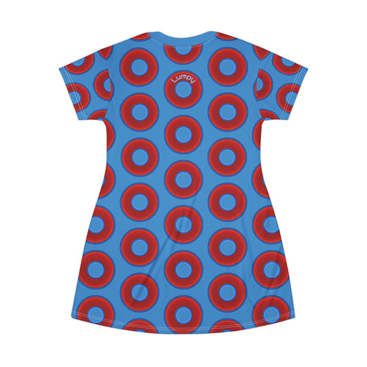 Not a Muumuu AOP Tee Shirt Dress - red vivid donuts w/light steel blue background