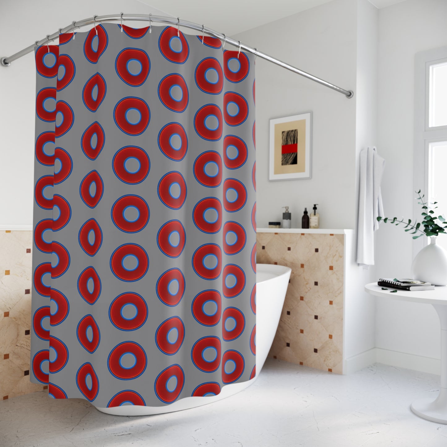 The Curtain With "Donuts" - Lumpy Bath Time Fun - vivid red donuts w/gray background