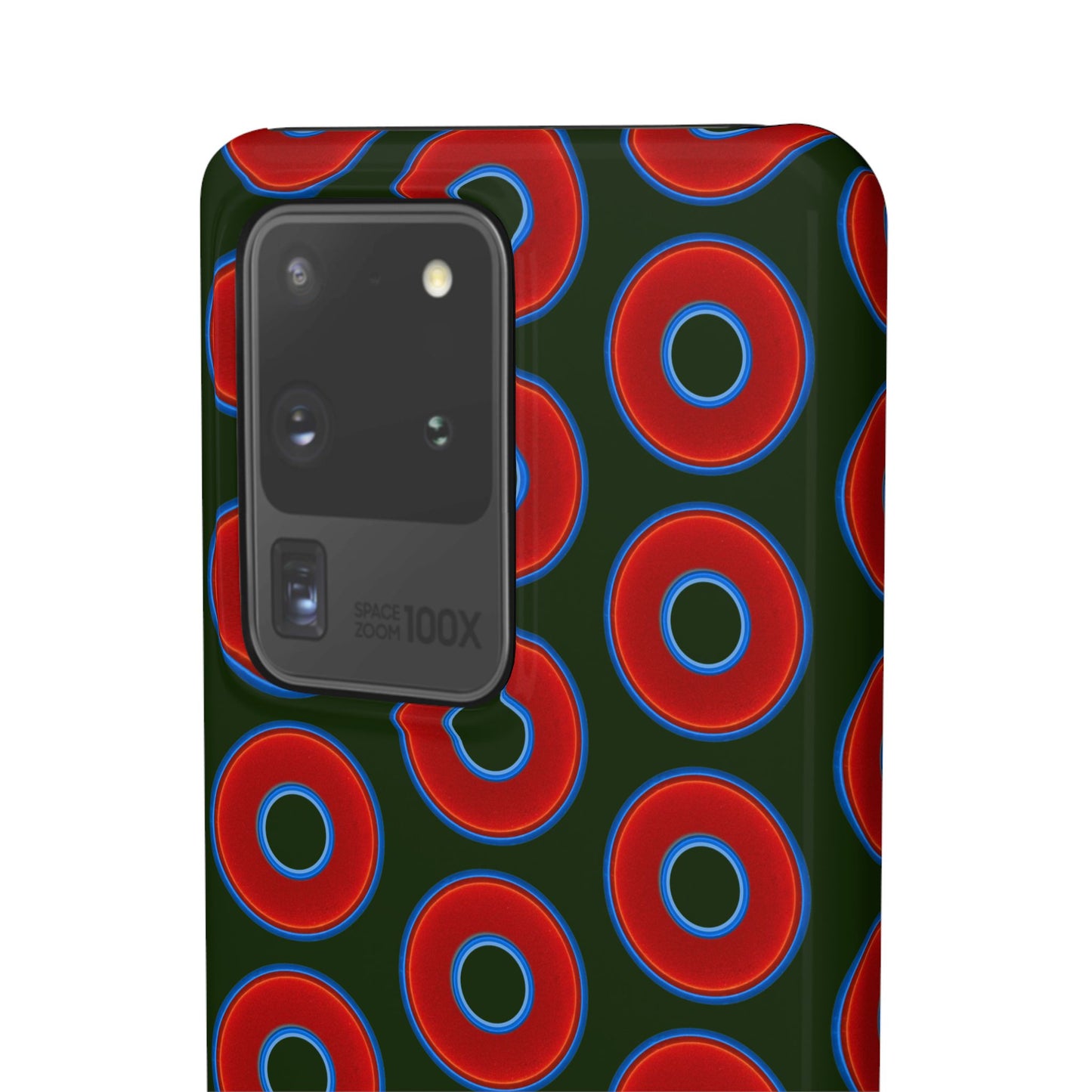 Lumpy Donut Snap Case - red vivid donut print w/deep forest green background