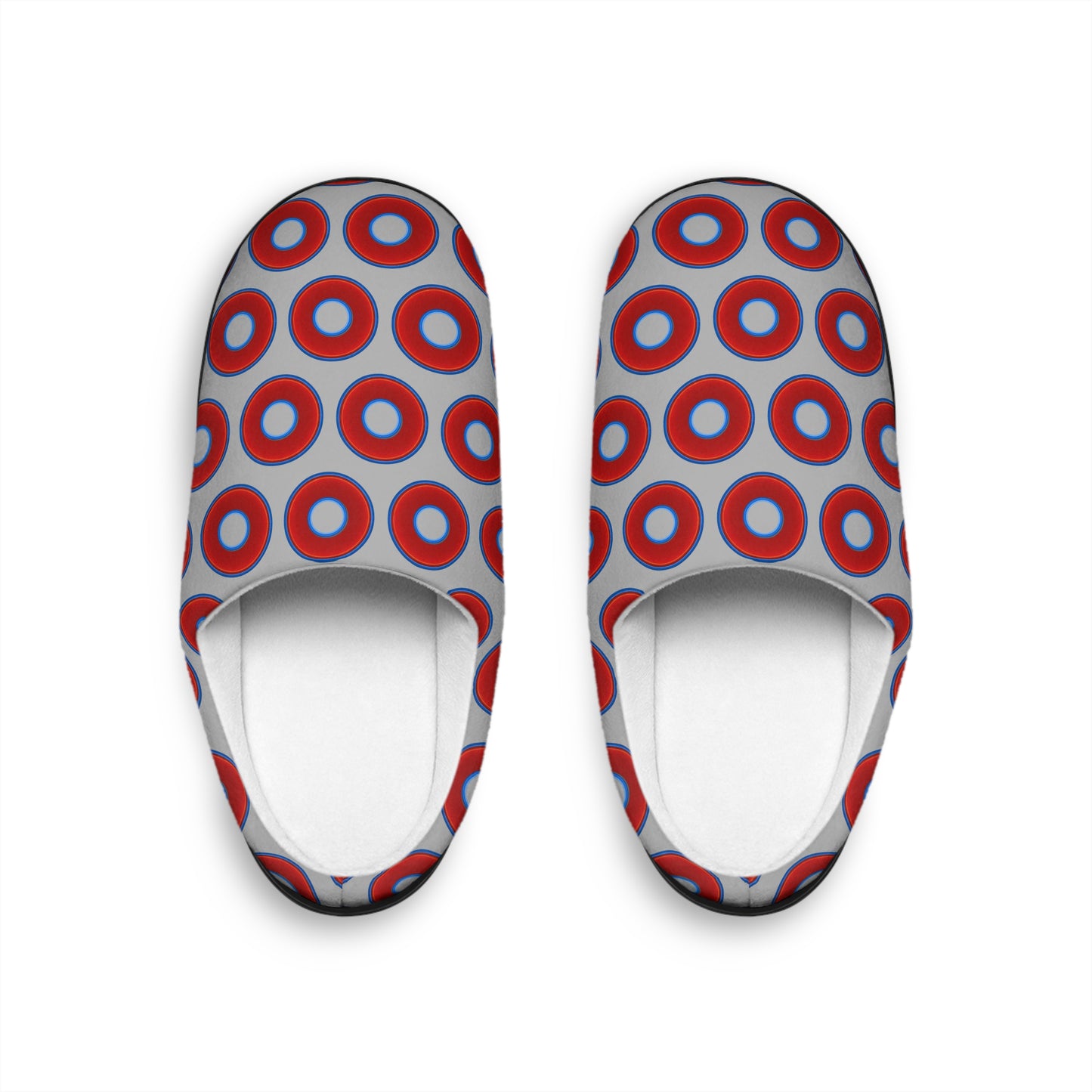 Women's Lumpy Slippers - red vivid donut print w/light gray background