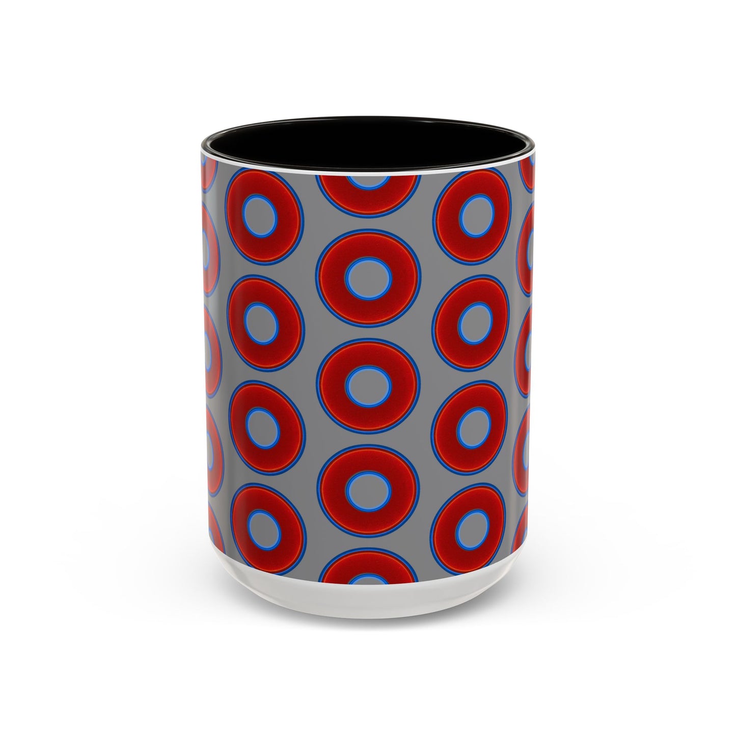 Lump's Grumpy Coffee Mug - vivid red donuts w/gray background