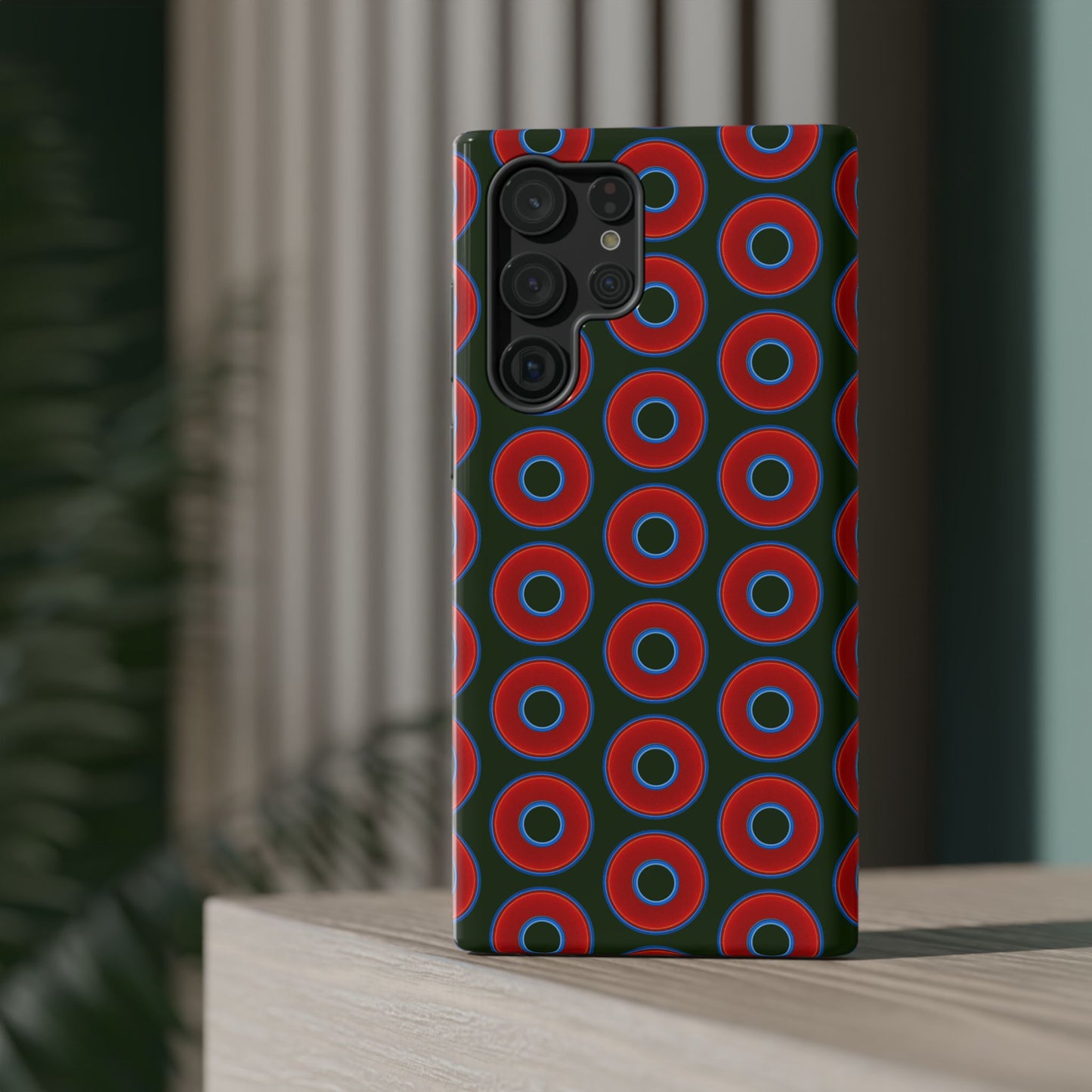 Impact-Resistant Lumpy Donut Case - red vivid donut print w/deep forest green background