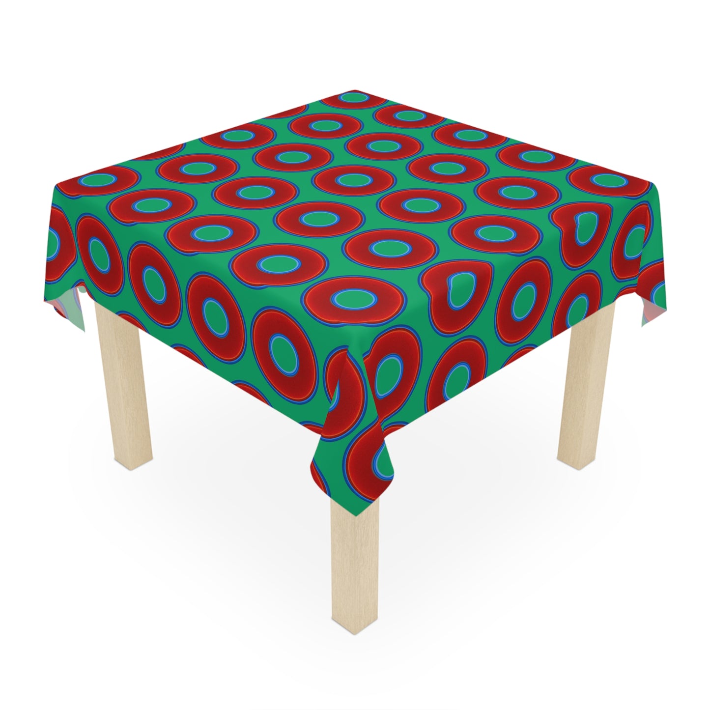 Lumpy Tablecloth - 55.1" x 55.1" - vivid red donuts w/jade green background
