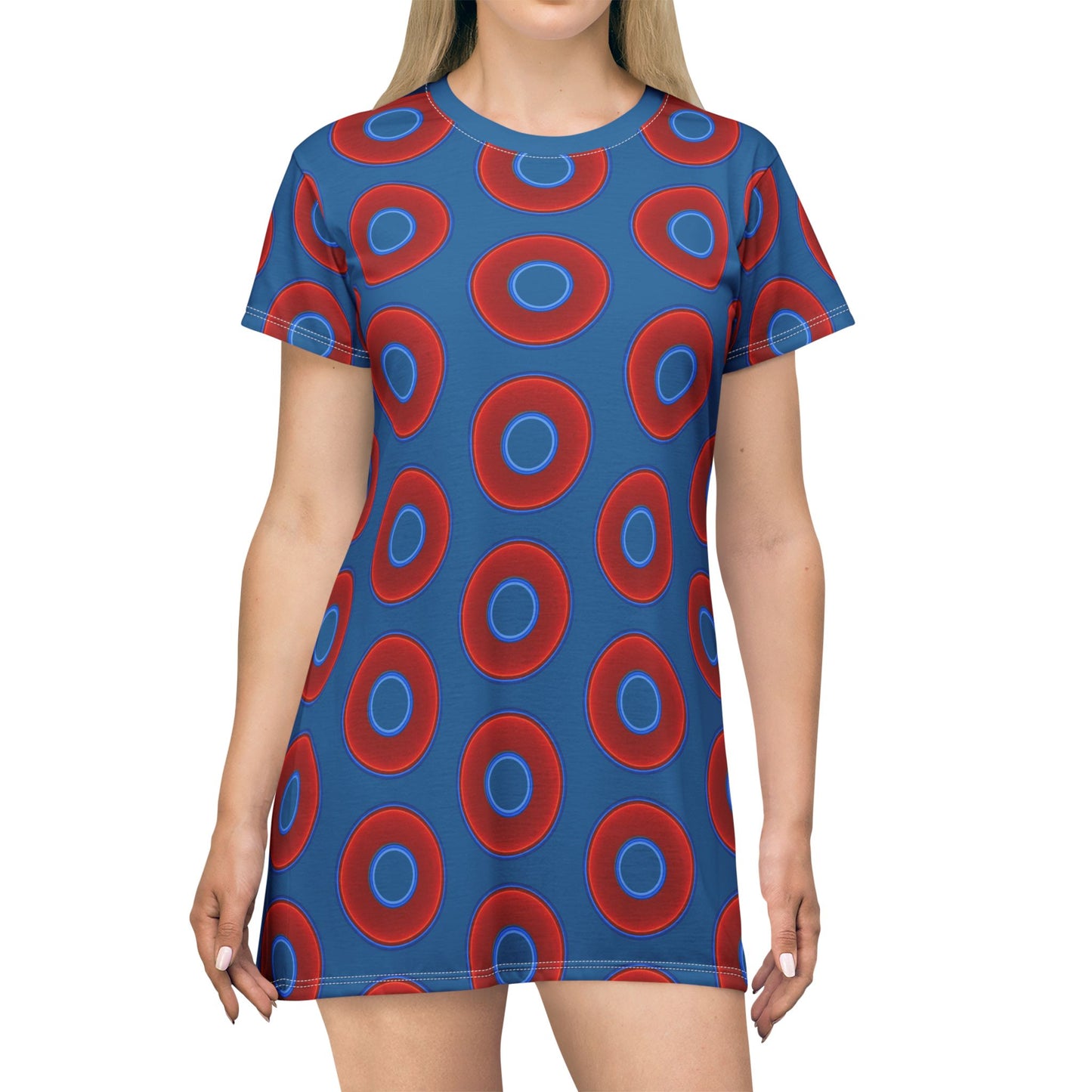 Not a Muumuu AOP Tee Shirt Dress - red vivid donuts w/wavy navy blue background