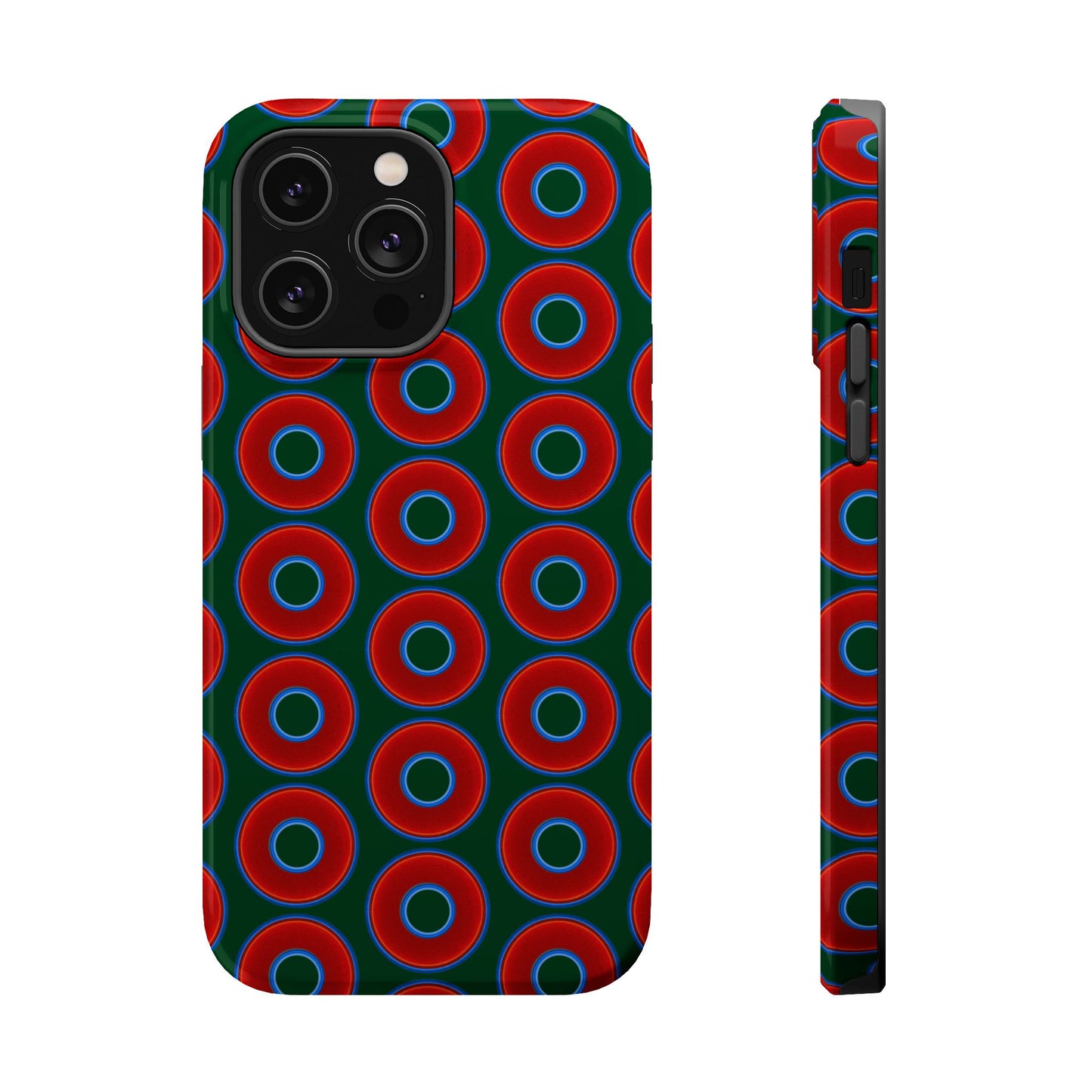 Magnetic Tough Donut Case - red vivid donut print w/deep pond green background